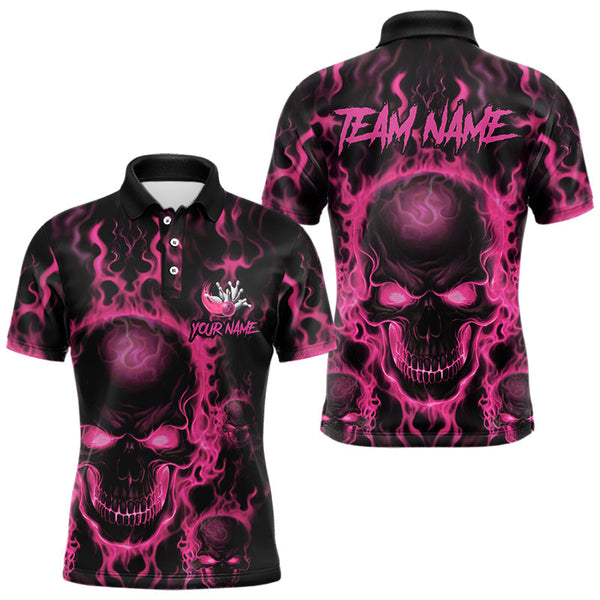 Maxcorners Custom Bowling Polo Shirts For Men & Women, Pink Flame Skull Team Bowling Jerseys Halloween Outfits