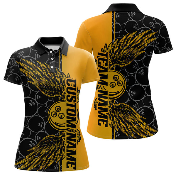 Maxcorners Black And Yellow Custom Bowling Ball And Wings Bowling Polo Shirts For Men & Women, Team Uniform