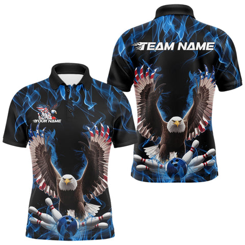 Maxcorners Personalized Blue Flame US Eagle Bowling Men Polo Shirts, Patriotic Bowling League Shirt LM233