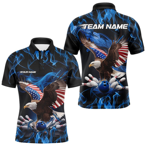Maxcorners Custom Blue Flame US Eagle Bowling Men Polo Shirts, American Patriotic Bowling League Shirt LM233