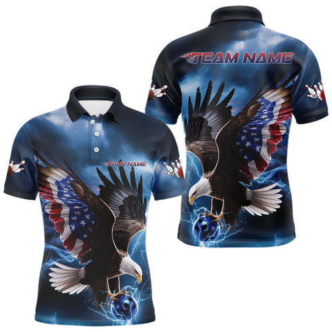 Maxcorners Custom Blue Lightning Patrotic Eagle Bowling Men Polo Shirt, US Flag Bowling Team Shirt LM233