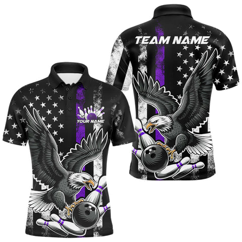 Maxcorners Custom Purple Line American Flag Eagle Bowling Men Polo Shirt, Patriotic US Bowling Shirt LM233