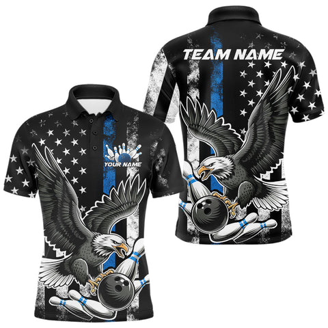Maxcorners Custom Blue Line American Flag Eagle Bowling Men Polo Shirt, Patriotic US Bowling Shirt LM233