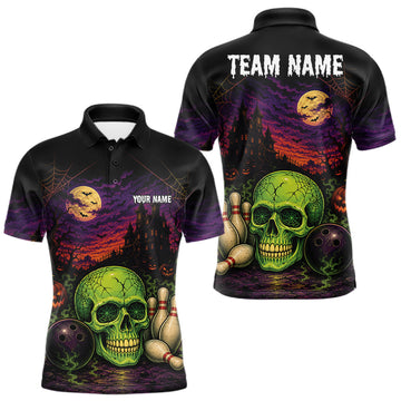 Maxcorners Custom Halloween Skull Bowling Men Polo Shirt, Halloween Bowlers Outfit