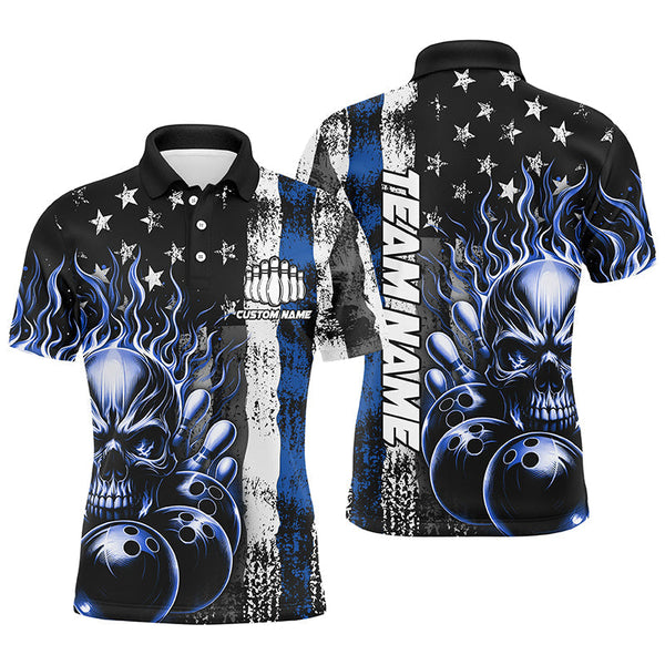 Max Corner Bowling and Pins Multi-Color Thin Line American Flag Skull Flame Pattern Multicolored Bowling jerseys Custom Name And Team 3D Polo Shirt