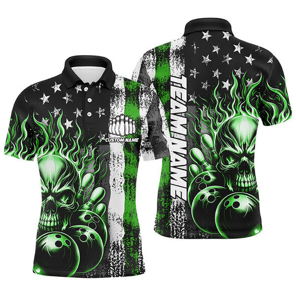 Max Corner Bowling and Pins Multi-Color Thin Line American Flag Skull Flame Pattern Multicolored Bowling jerseys Custom Name And Team 3D Polo Shirt