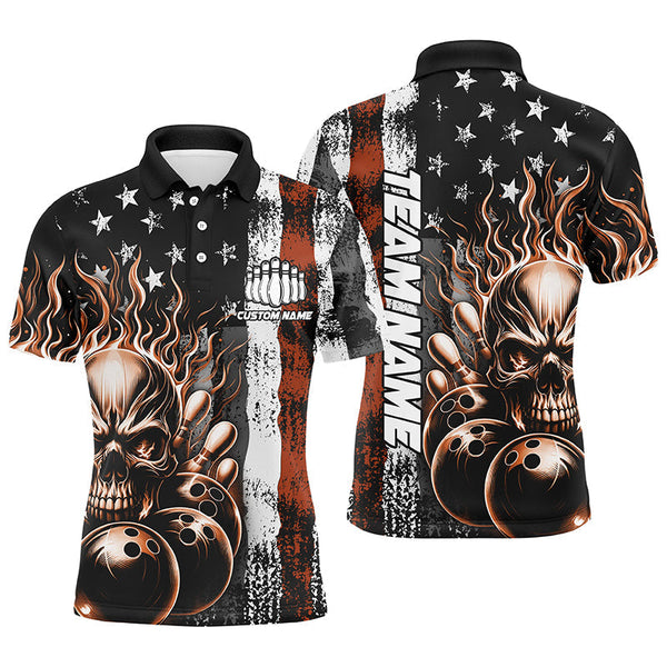 Max Corner Bowling and Pins Multi-Color Thin Line American Flag Skull Flame Pattern Multicolored Bowling jerseys Custom Name And Team 3D Polo Shirt