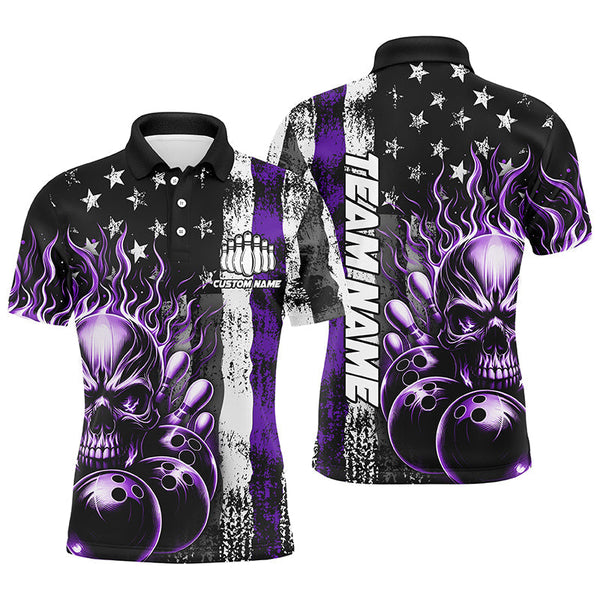 Max Corner Bowling and Pins Multi-Color Thin Line American Flag Skull Flame Pattern Multicolored Bowling jerseys Custom Name And Team 3D Polo Shirt