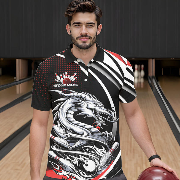 Maxcorners Custom Black And Red Dragon Bowling Team Polo Shirts For Men, Dragon Bowling Jerseys