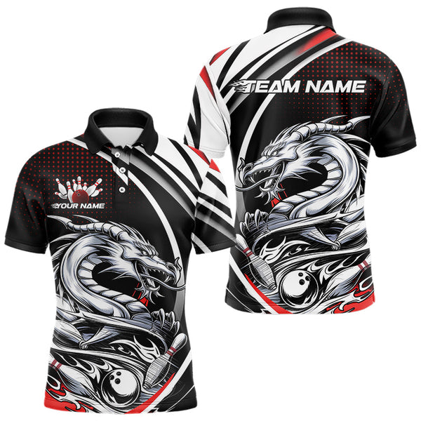 Maxcorners Custom Black And Red Dragon Bowling Team Polo Shirts For Men, Dragon Bowling Jerseys