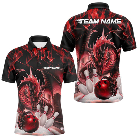 Maxcorners Custom Red Flame Dragon Bowling Polo Shirts For Men, Dragon Bowling Team Jerseys LM233