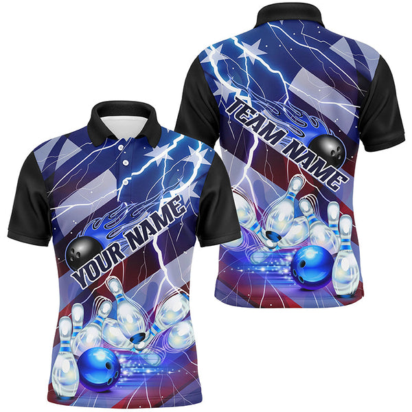 Maxcorners Flame Bowling Ball Blue Lightning American Flag Custom Name Bowling Team Shirts For Men