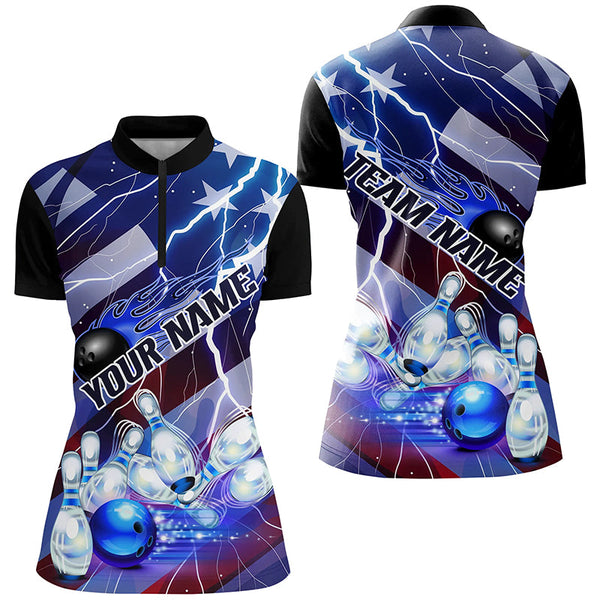 Maxcorners Flame Bowling Ball Blue Lightning American Flag Custom Name Bowling Team Shirts For Men