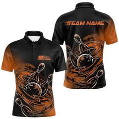 Maxcorners Custom Black And Orange Flame Bowling Polo Shirts For Men, Team Bowling League Shirt LM2608