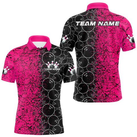 Maxcorners Custom Black And Pink Splatter Bowling Ball Pattern Bowling Team Polo Shirts For Men LM2608