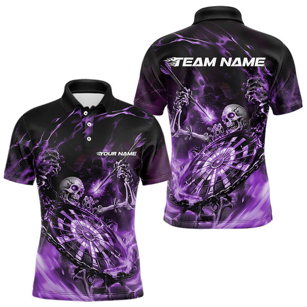 Maxcorners Custom Black And Purple Skeleton Dart Polo Shirts, Skull Dart Team League Shirts