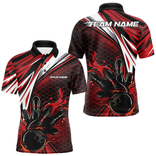 Maxcorners Custom Red Flame Bowling Jerseys For Men, Hexagon Bowling Team Tournament Shirt