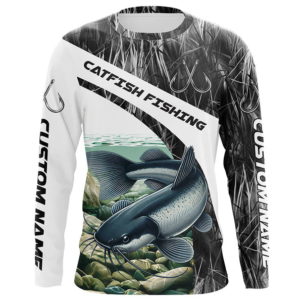 Maxcorners Gray Camo Custom Catfish Fishing Long Sleeve Fishing Shirts, Catfish Fishing Jerseys MT2108
