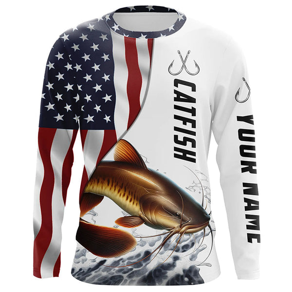 Maxcorners Catfish Fishing Custom Long Sleeve Fishing Shirts, American Flag Patriotic Catfish Fishing Shirt MT2108