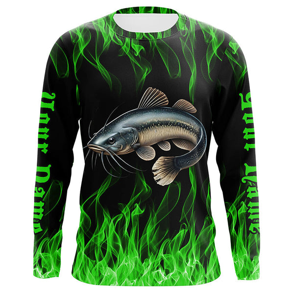 Maxcorners Catfish Fishing Custom Long Sleeve Fishing Shirts, Green Flame Catfish Fishing Tournament Shirt MT2108