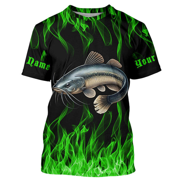 Maxcorners Catfish Fishing Custom Long Sleeve Fishing Shirts, Green Flame Catfish Fishing Tournament Shirt MT2108