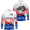 Maxcorners Red White And Blue Tie Dye Background Custom Patriotic Catfish Long Sleeve Fishing Shirts LM0201