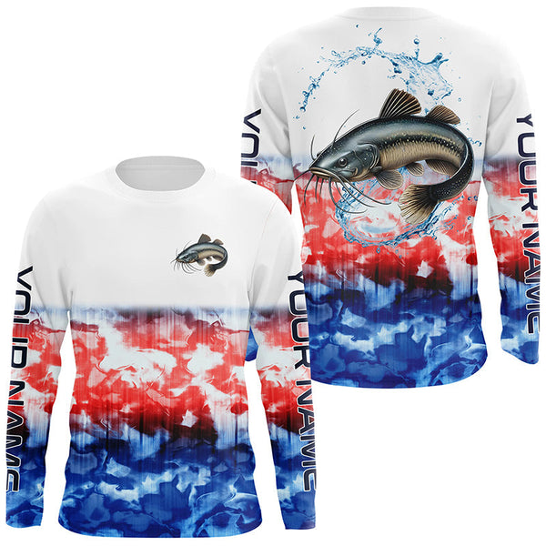 Maxcorners Red White And Blue Tie Dye Background Custom Patriotic Catfish Long Sleeve Fishing Shirts MT2108