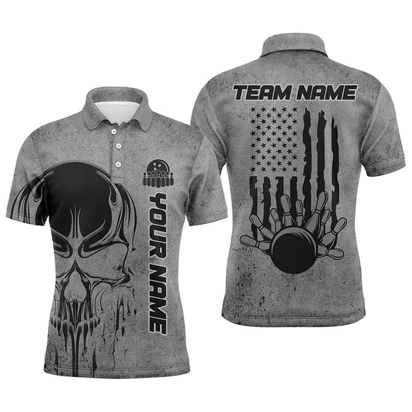 Maxcorners Personalized Skull Bowling Shirt Custom Team Name American Flag Bowler Jersey Polo Shirt