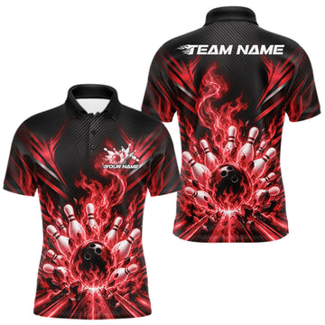 Maxcorners Custom Red Flame Bowling Jersey, Matching Bowling League Men Polo Shirt For Team LM2709