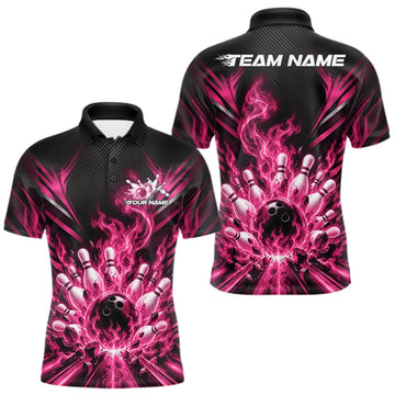 Maxcorners Custom Pink Flame Bowling Jersey, Matching Bowling League Men Polo Shirt For Team LM2709