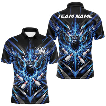 Maxcorners Custom Blue Lightning Crown Bowling Ball With Wings Bowling Team Men Polo Shirt LM2709