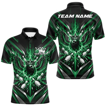 Maxcorners Custom Green Lightning Crown Bowling Ball With Wings Bowling Team Men Polo Shirt LM2709