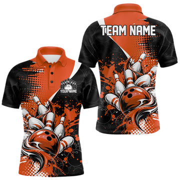 Maxcorners Custom Black And Orange Splatter Bowling Jersey Bowling Tournament Men Polo Shirt