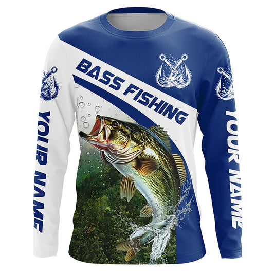 Maxcorners Custom Bass Fishing Long Sleeve Tournament Fishing Shirts, Bass Performance Fishing Jerseys | Blue LM0201