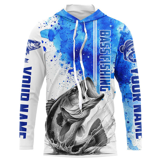 Maxcorners Bass Fishing Watercolor Custom Long Sleeve Performance Fishing Shirts, Bass Fishing Jerseys | Blue LM0201