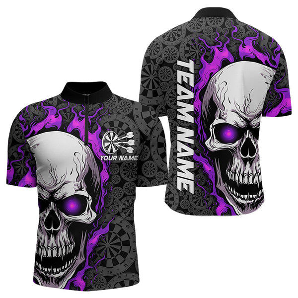 Maxcorners Black And Purple Flame Skull Custom Dart Polo Shirts For Men, Fire Dart Team Jerseys