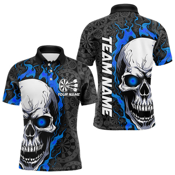 Maxcorners Black And Blue Flame Skull Custom Dart Polo Shirts For Men, Fire Dart Team Jerseys