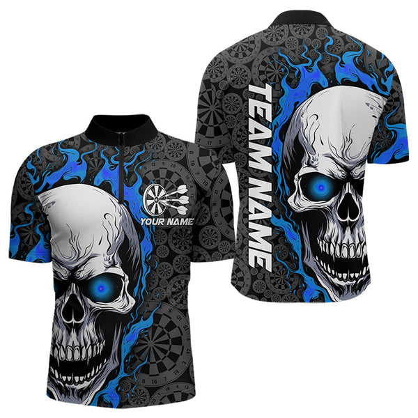 Maxcorners Black And Blue Flame Skull Custom Dart Polo Shirts For Men, Fire Dart Team Jerseys