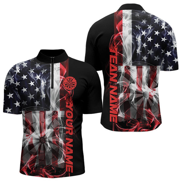 Maxcorners Custom Ameircan Flag Flame Us Dart Polo Shirts For Men, Patriotic Dart Team Shirt