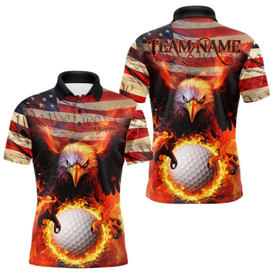 Maxcorners Custom Patriotic Eagle We The People Flame Golf Shirt For Men, Vintage US Flag Golf Shirt