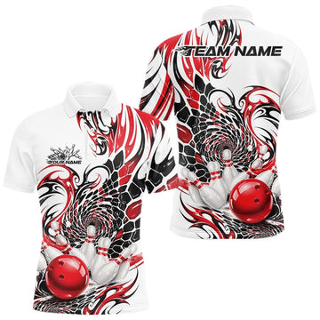 Maxcorners Custom Red Tribal Flame Bowling Men Polo Shirt, Polygonal Bowling Jerseys LM2704