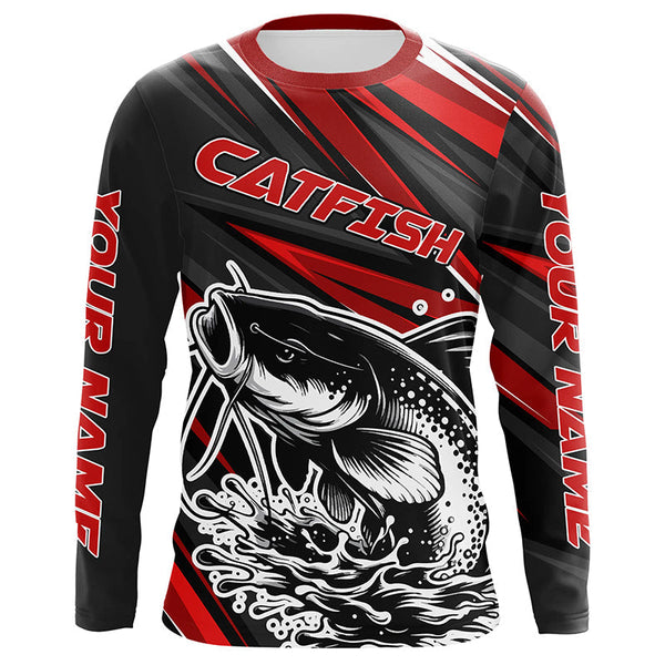 Maxcorners Black And Red Catfish Fishing Jerseys, Custom Catfish Fishing Long Sleeve Fishing Shirts MT2108