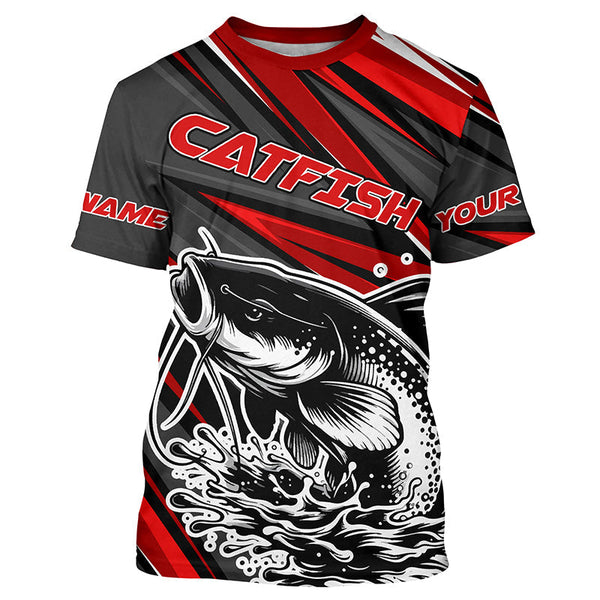 Maxcorners Black And Red Catfish Fishing Jerseys, Custom Catfish Fishing Long Sleeve Fishing Shirts MT2108