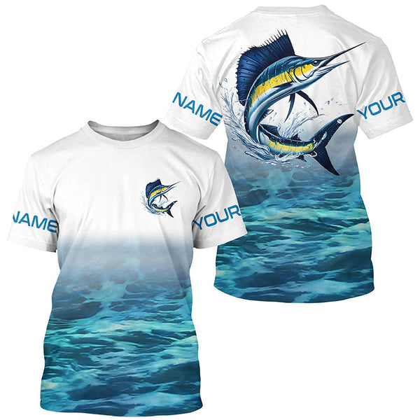 Maxcorners Blue Ocean Background Custom Sailfish Fishing Long Sleeve Shirts, Sailfish Saltwater Fishing Shirt MT2108