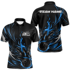 Maxcorners Custom Black And Blue Fire Flame Bowling Men Jerseys, Bowling League Polo Shirt LM2512