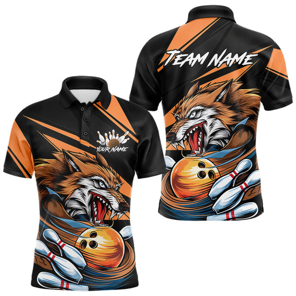 Maxcorners Custom Black And Orange Wolf Bowling Team Polo Shirts For Men & Women, Wolf Bowling Jerseys