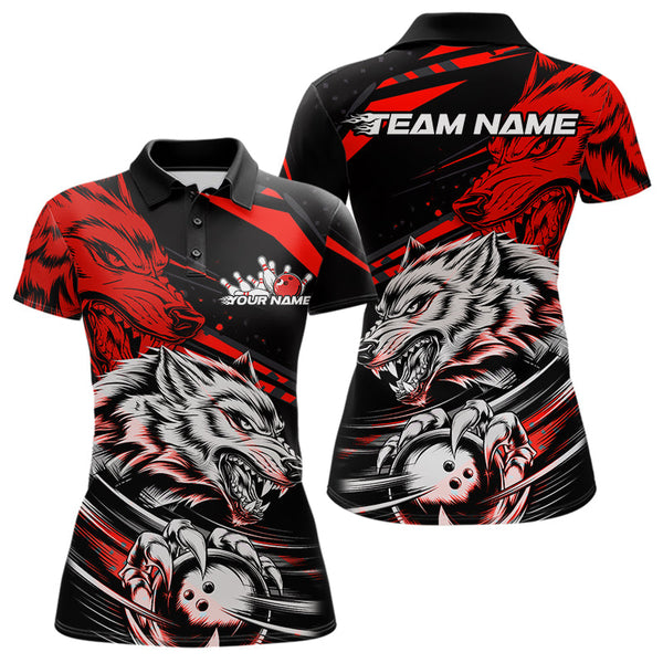 Maxcorners Custom Black And Red Wolf Bowling Men & Women Polo Shirts, Wolf Bowling League Shirt Team Uniform