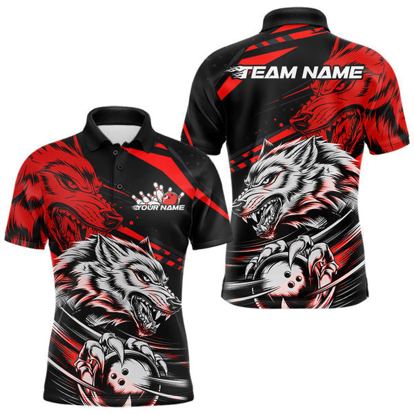 Maxcorners Custom Black And Red Wolf Bowling Men & Women Polo Shirts, Wolf Bowling League Shirt Team Uniform