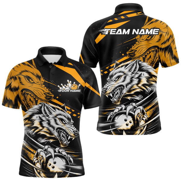 Maxcorners Custom Black And Yellow Wolf Bowling Men & Women Polo Shirts, Wolf Bowling League Shirt Team Uniform