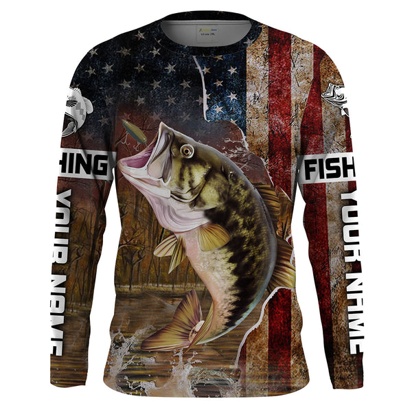 Maxcorners Largemouth Bass American Flag Fishing Customize Name 3D Shirts